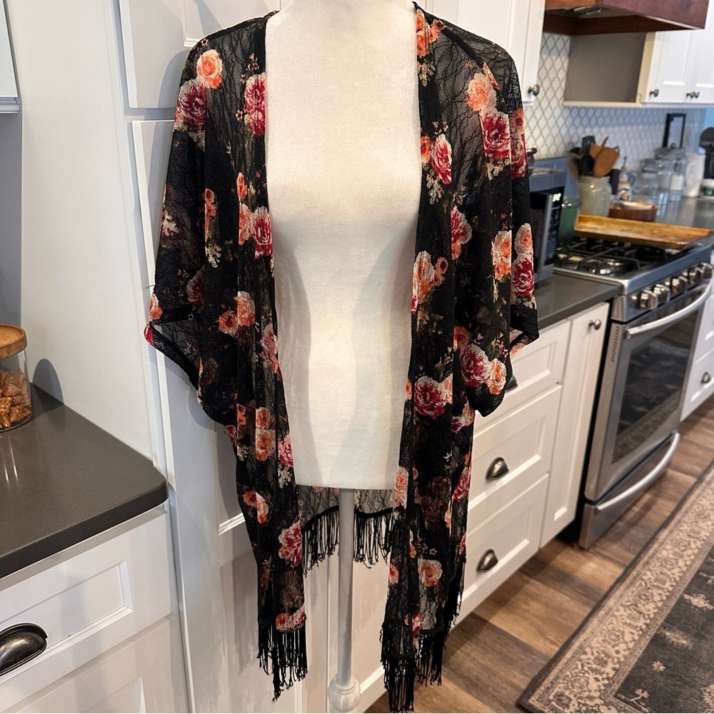 Vintage Wet Seal Black Floral Mesh Kimono Cardigan XL 90s Y2K Fringe Duster Boho